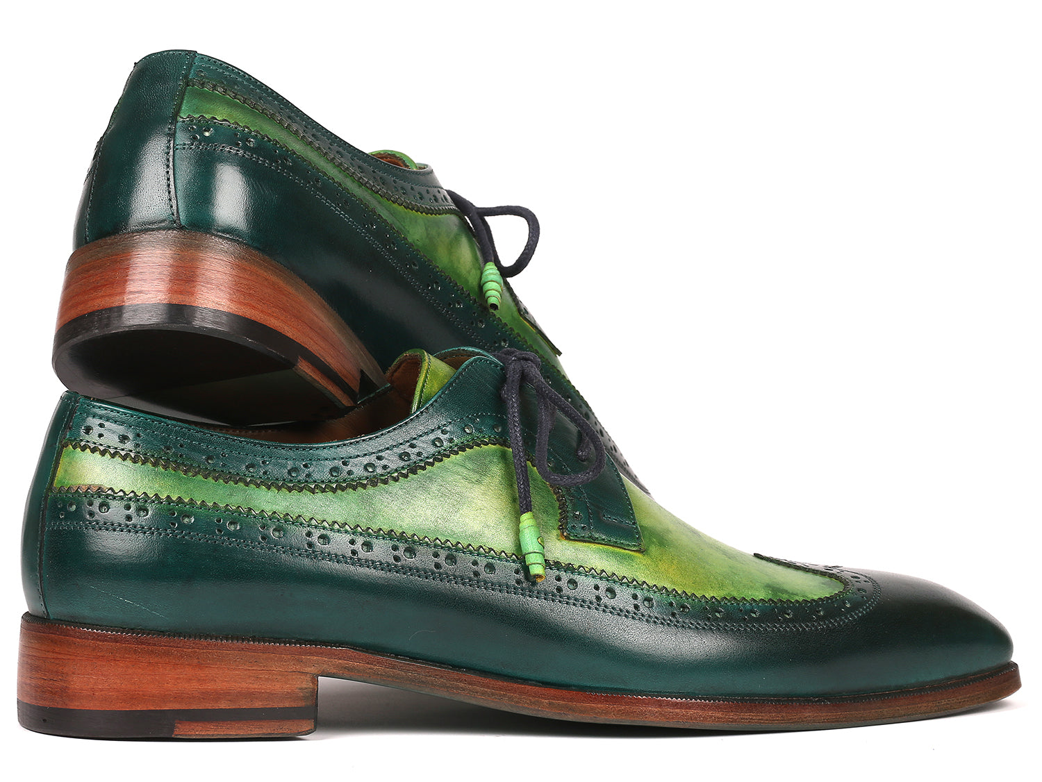 Paul Parkman Men's Green Dual Tone Wingtip Derby Shoes featuring hand-painted calfskin upper and blue burnished leather sole.