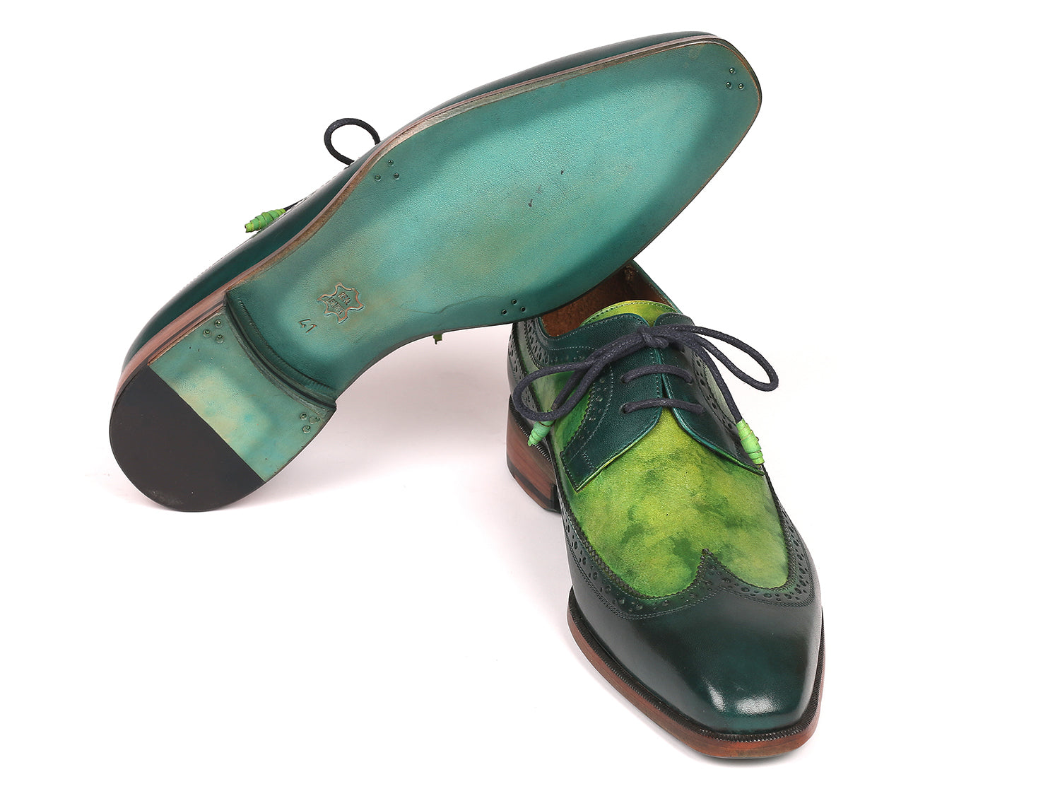 Paul Parkman Men's Green Dual Tone Wingtip Derby Shoes featuring hand-painted calfskin upper and blue burnished leather sole.