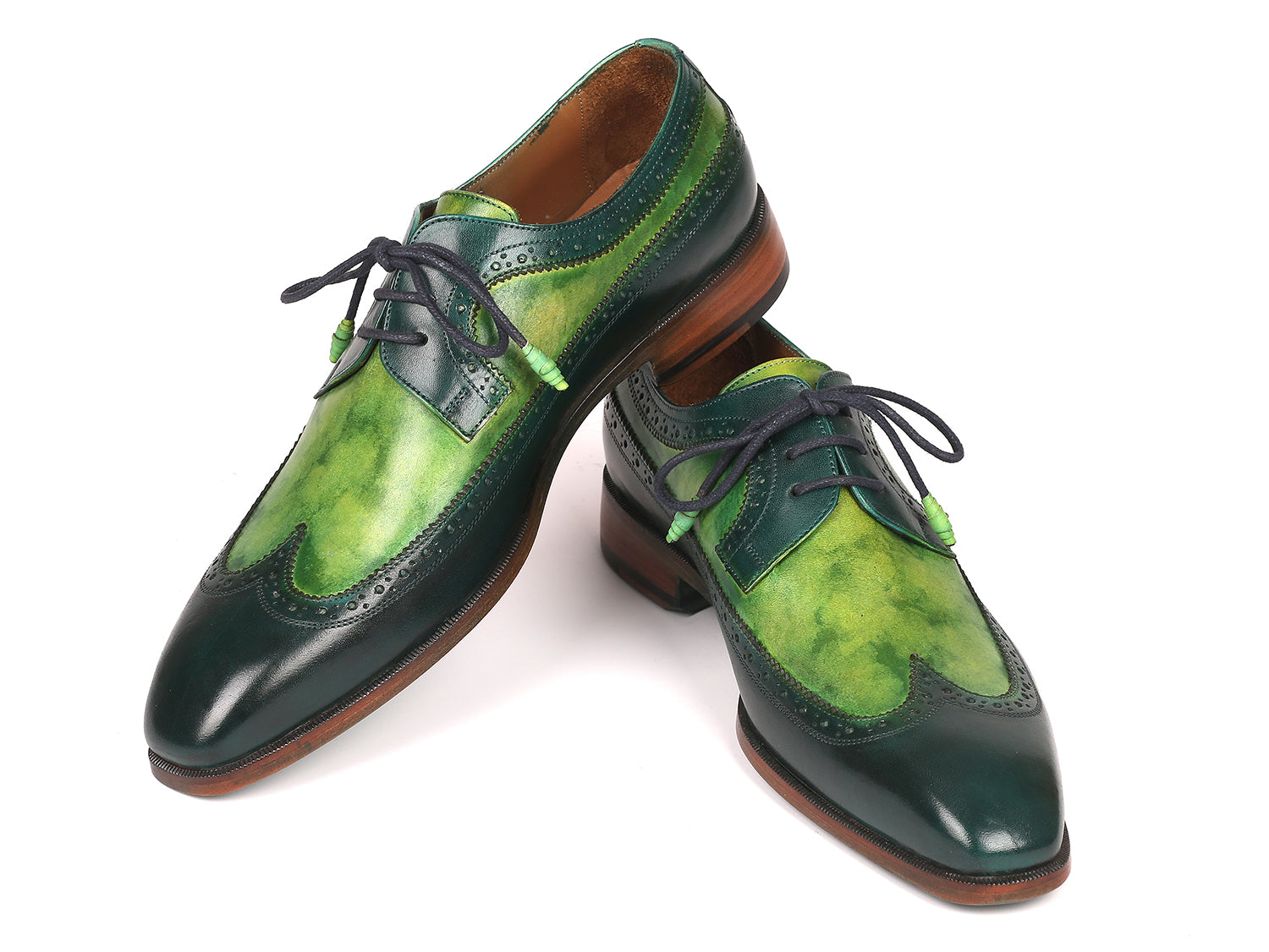 Paul Parkman Men's Green Dual Tone Wingtip Derby Shoes featuring hand-painted calfskin upper and blue burnished leather sole.