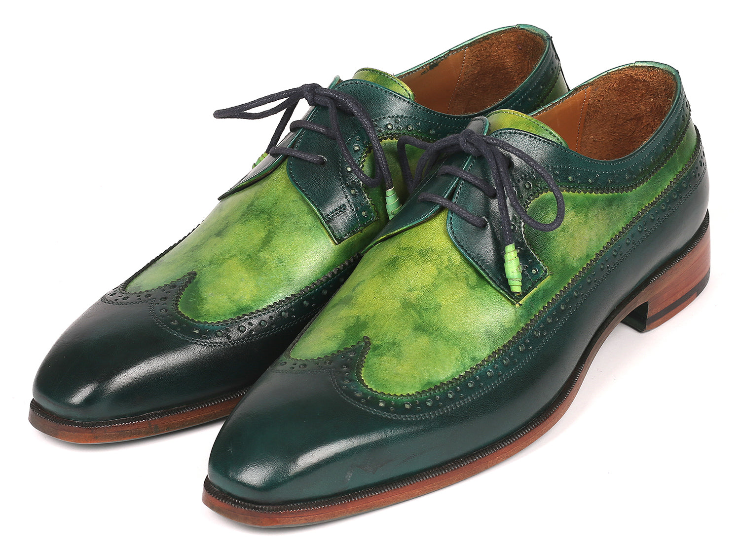Paul Parkman Men's Green Dual Tone Wingtip Derby Shoes featuring hand-painted calfskin upper and blue burnished leather sole.