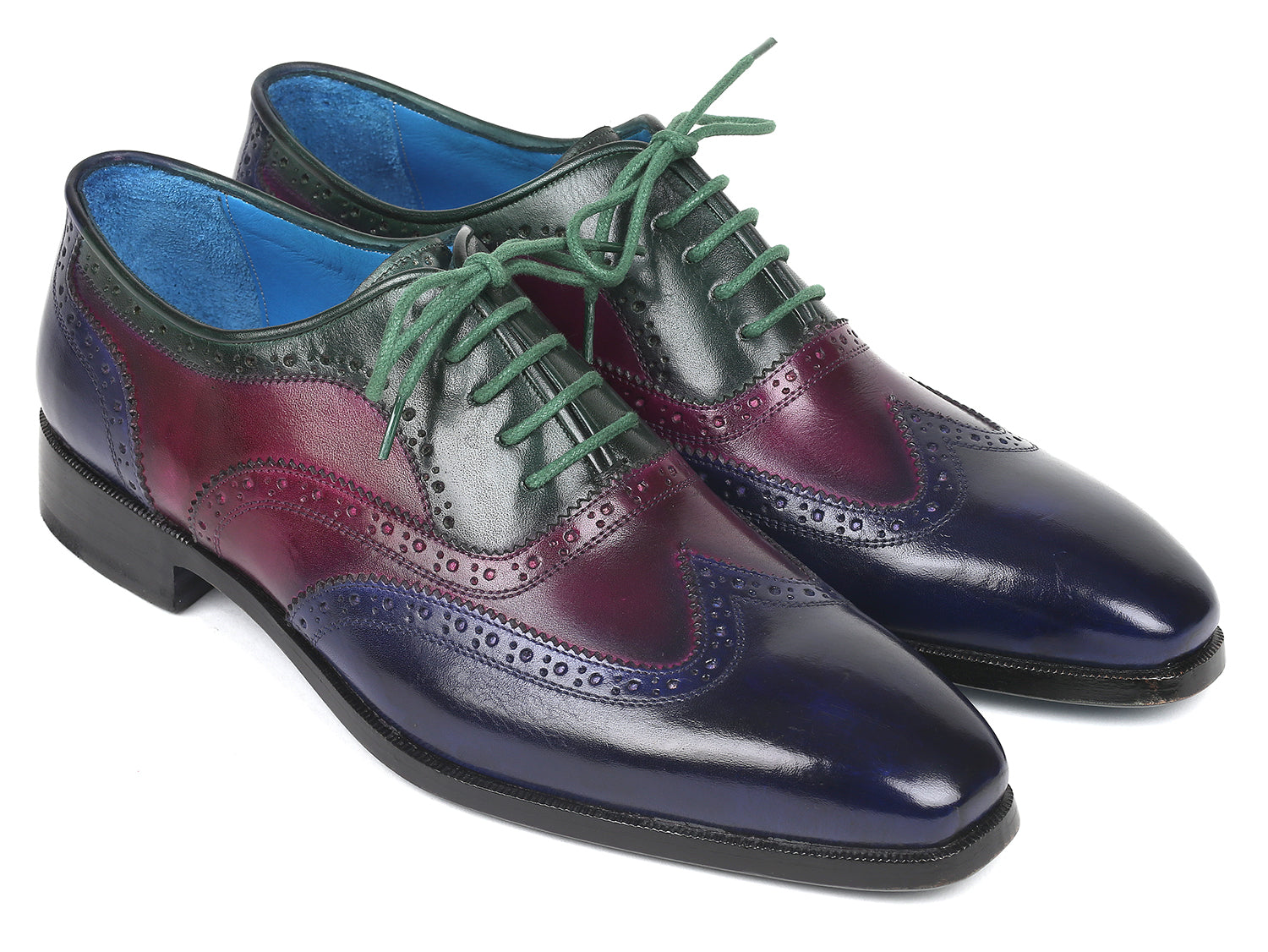 Paul Parkman Men's Multi Color Wingtip Oxfords featuring hand-painted blue, purple, and green leather with a turquoise burnished sole.