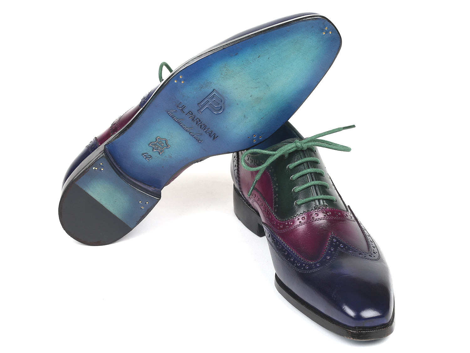 Paul Parkman Men's Multi Color Wingtip Oxfords featuring hand-painted blue, purple, and green leather with a turquoise burnished sole.