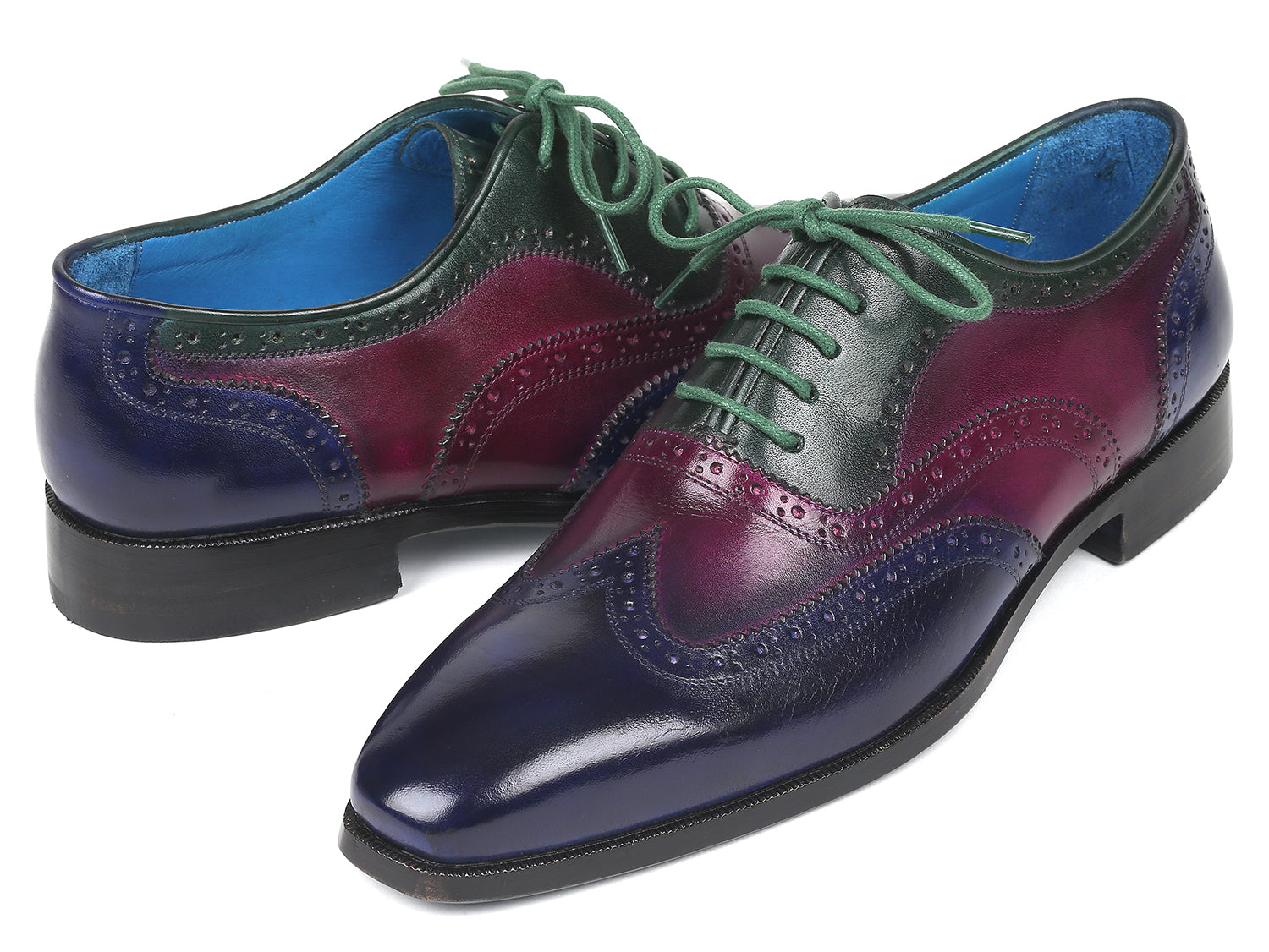 Paul Parkman Men's Multi Color Wingtip Oxfords featuring hand-painted blue, purple, and green leather with a turquoise burnished sole.