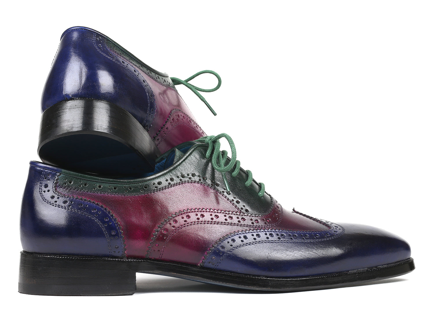 Paul Parkman Men's Multi Color Wingtip Oxfords featuring hand-painted blue, purple, and green leather with a turquoise burnished sole.
