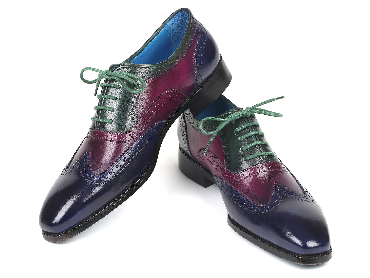 Paul Parkman Men's Multi Color Wingtip Oxfords featuring hand-painted blue, purple, and green leather with a turquoise burnished sole.