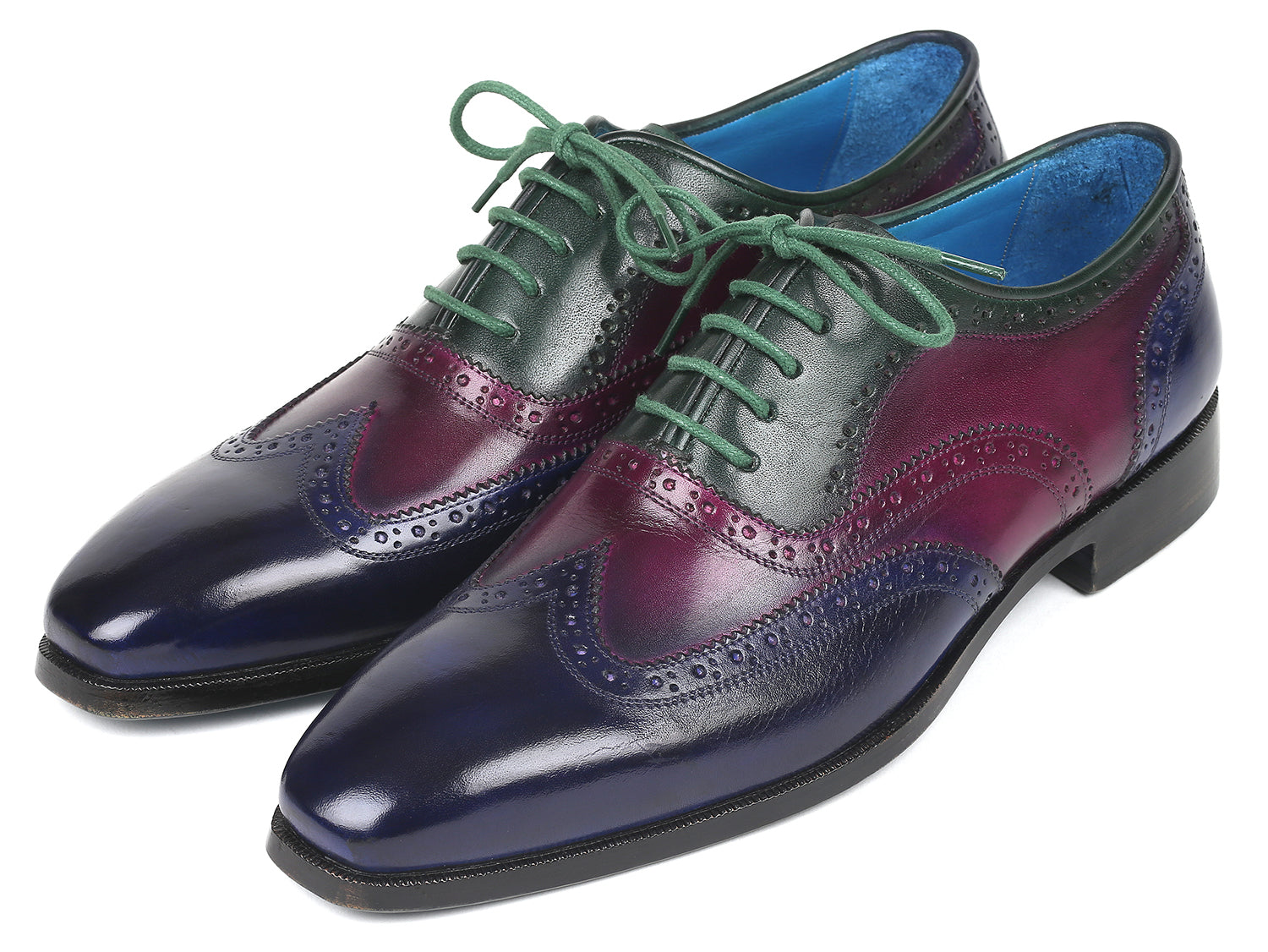 Paul Parkman Men's Multi Color Wingtip Oxfords featuring hand-painted blue, purple, and green leather with a turquoise burnished sole.