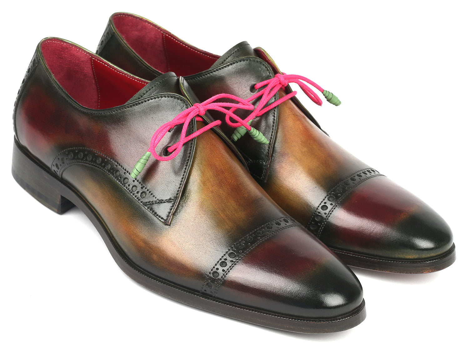 Paul Parkman Men's Multicolored Cap Toe Derby Shoes featuring a vibrant hand-painted design in red, brown, and green with a luxurious leather finish.