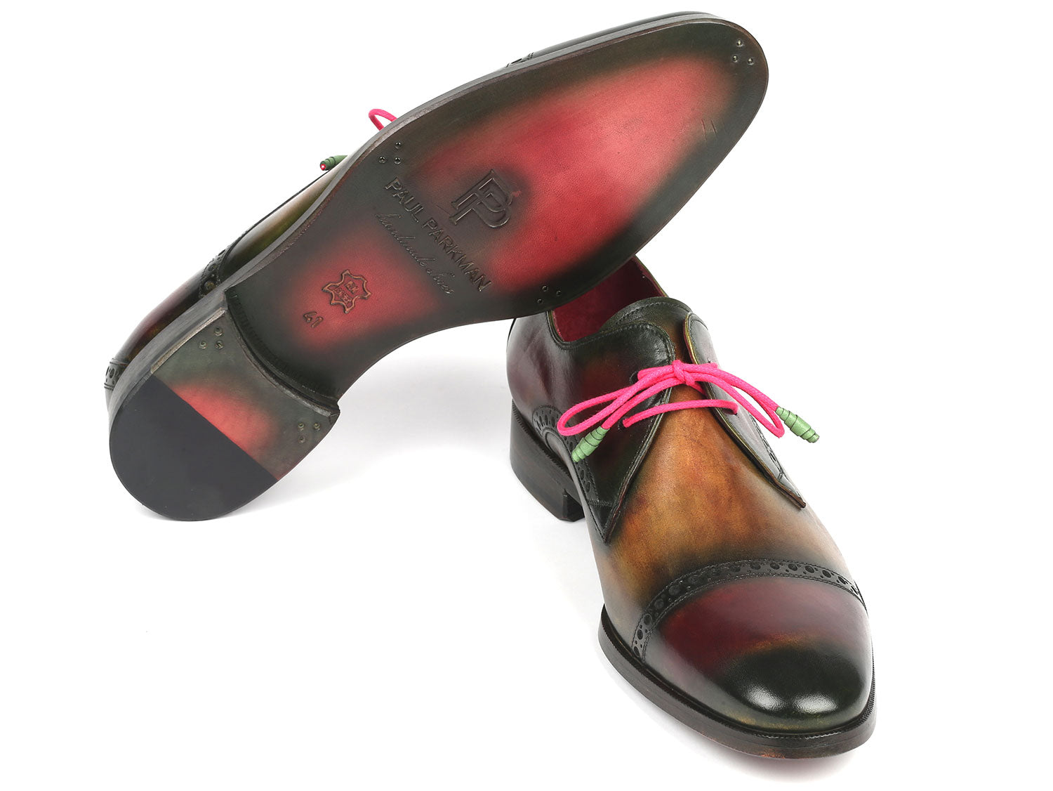 Paul Parkman Men's Multicolored Cap Toe Derby Shoes featuring a vibrant hand-painted design in red, brown, and green with a luxurious leather finish.