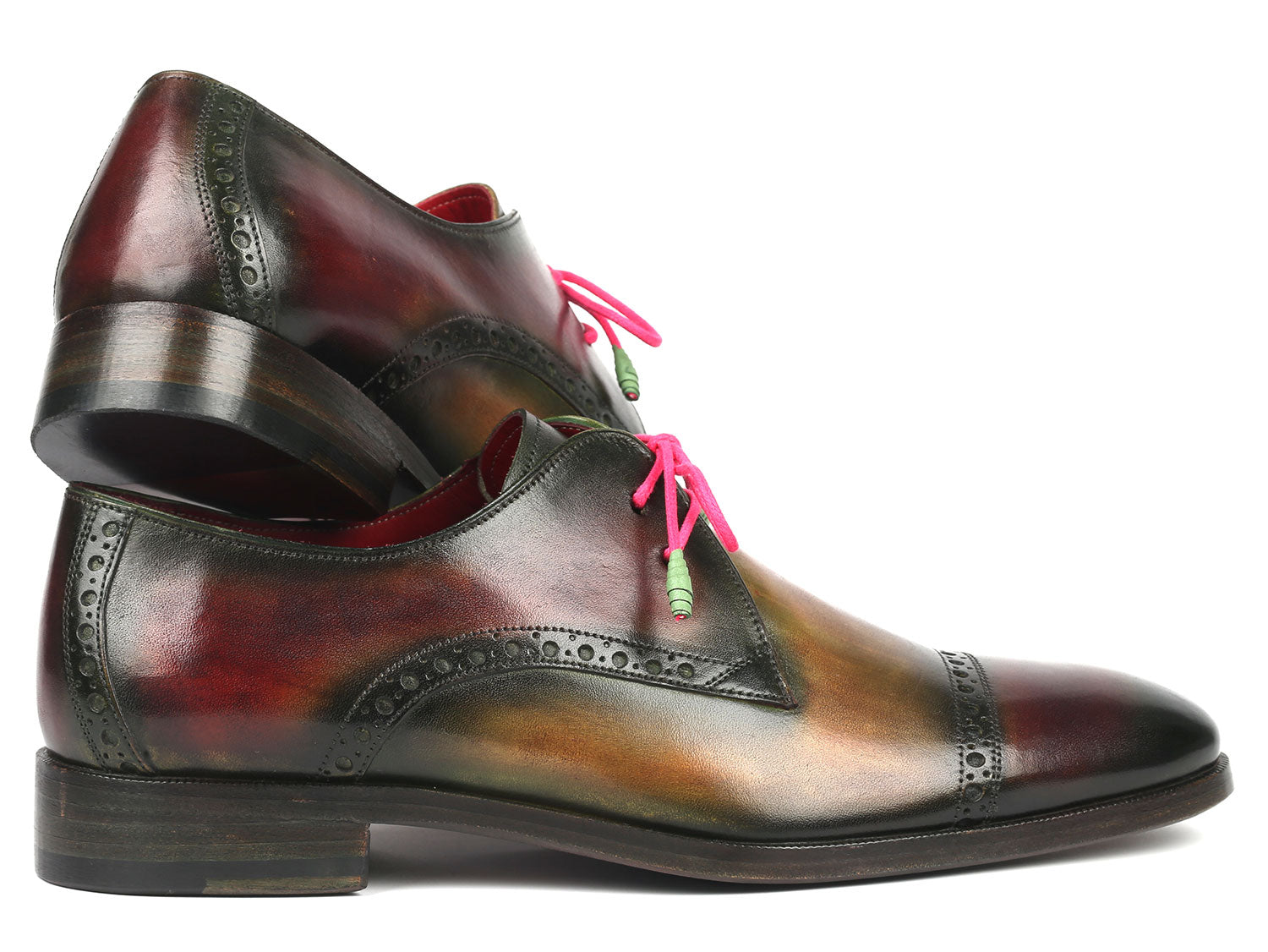 Paul Parkman Men's Multicolored Cap Toe Derby Shoes featuring a vibrant hand-painted design in red, brown, and green with a luxurious leather finish.