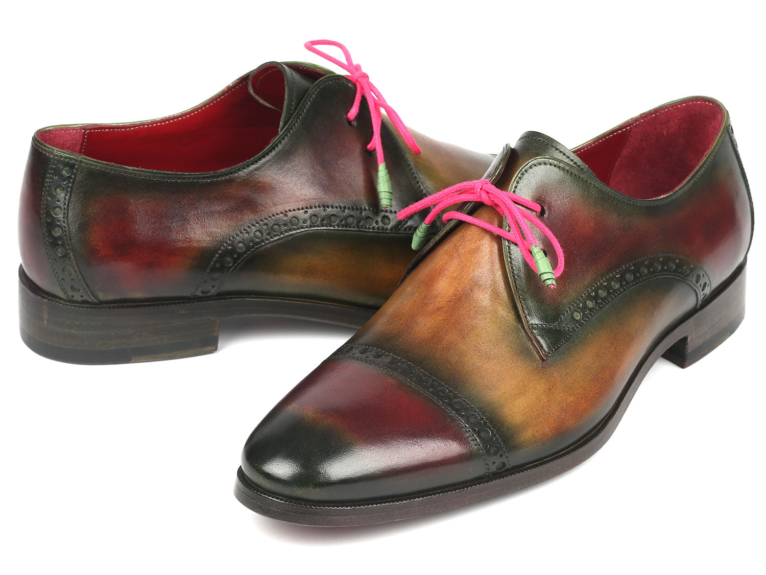 Paul Parkman Men's Multicolored Cap Toe Derby Shoes featuring a vibrant hand-painted design in red, brown, and green with a luxurious leather finish.