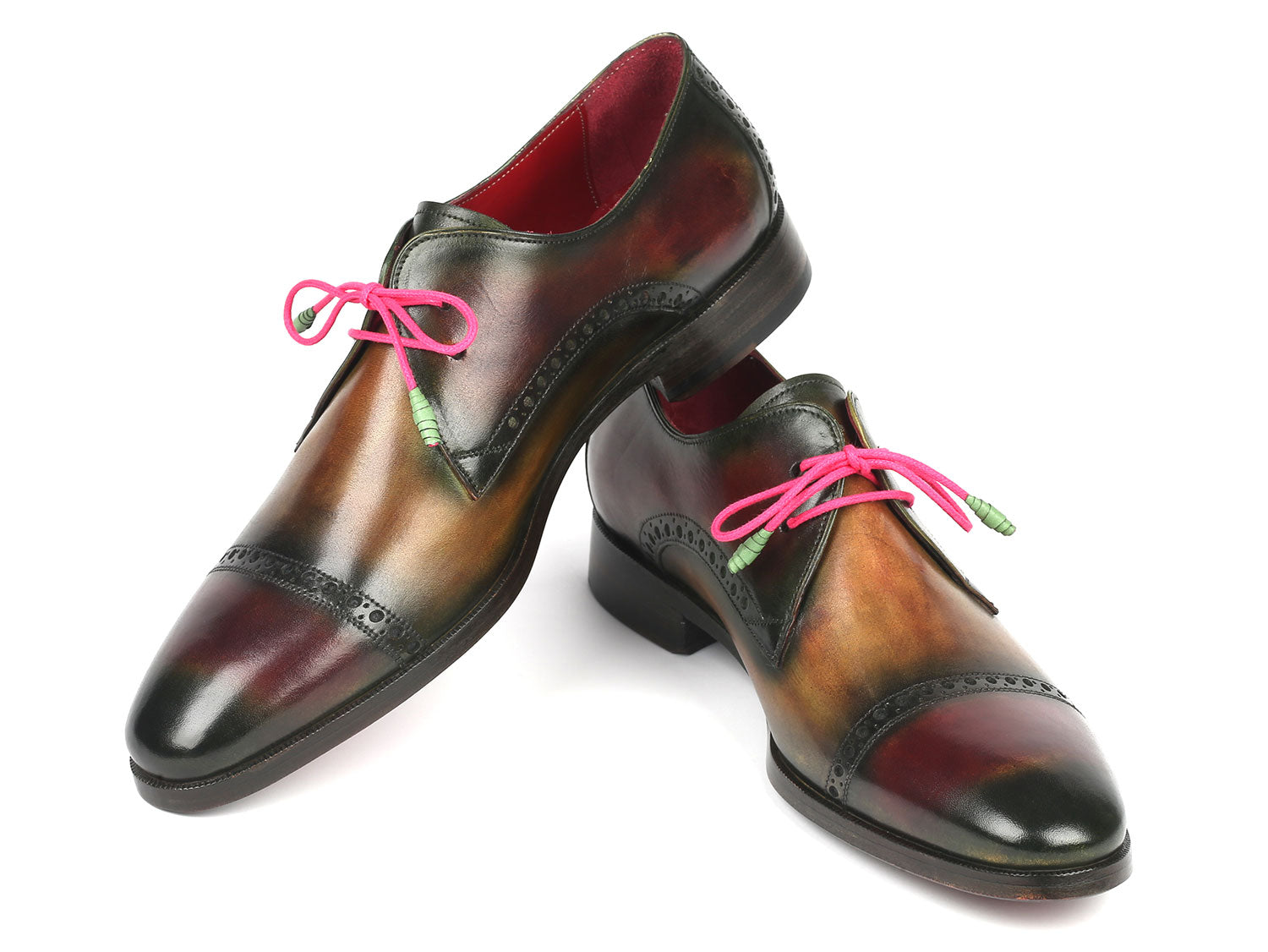 Paul Parkman Men's Multicolored Cap Toe Derby Shoes featuring a vibrant hand-painted design in red, brown, and green with a luxurious leather finish.