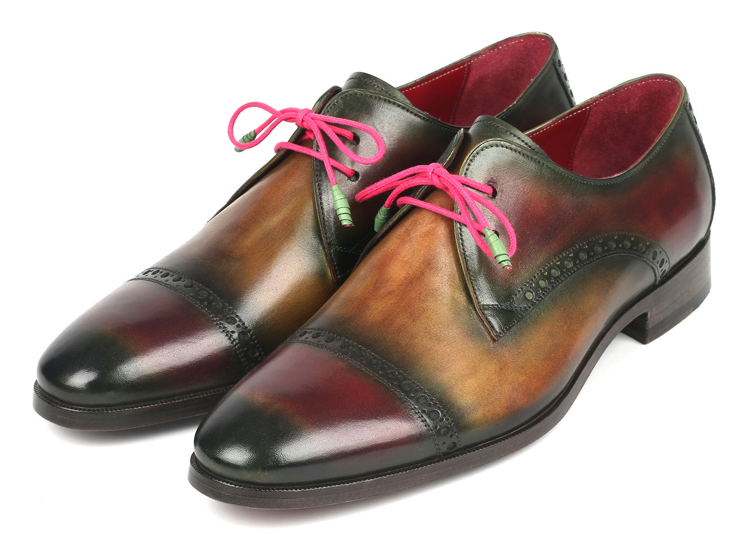 Paul Parkman Men's Multicolored Cap Toe Derby Shoes featuring a vibrant hand-painted design in red, brown, and green with a luxurious leather finish.