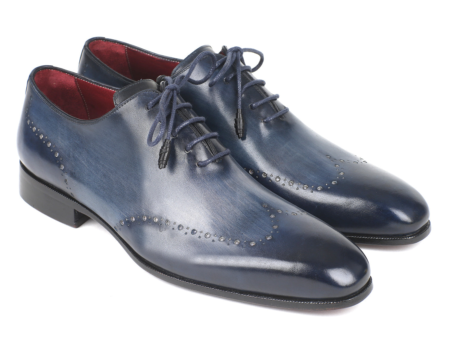 Paul Parkman Men's Navy Burnished Wingtip Oxfords showcasing unique hand-painted leather and elegant wingtip design.