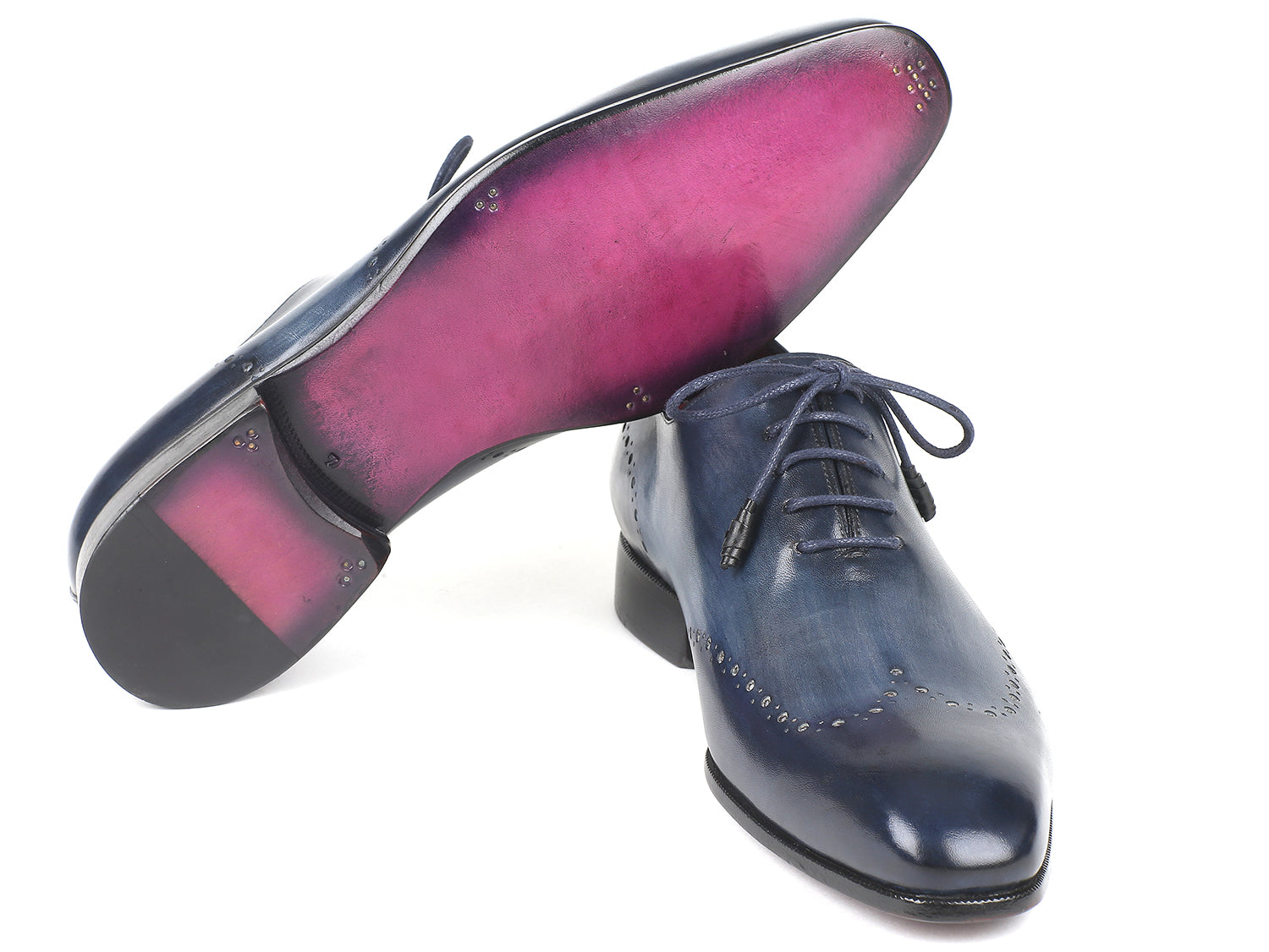 Paul Parkman Men's Navy Burnished Wingtip Oxfords showcasing unique hand-painted leather and elegant wingtip design.