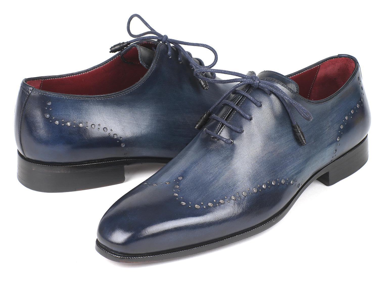 Paul Parkman Men's Navy Burnished Wingtip Oxfords showcasing unique hand-painted leather and elegant wingtip design.