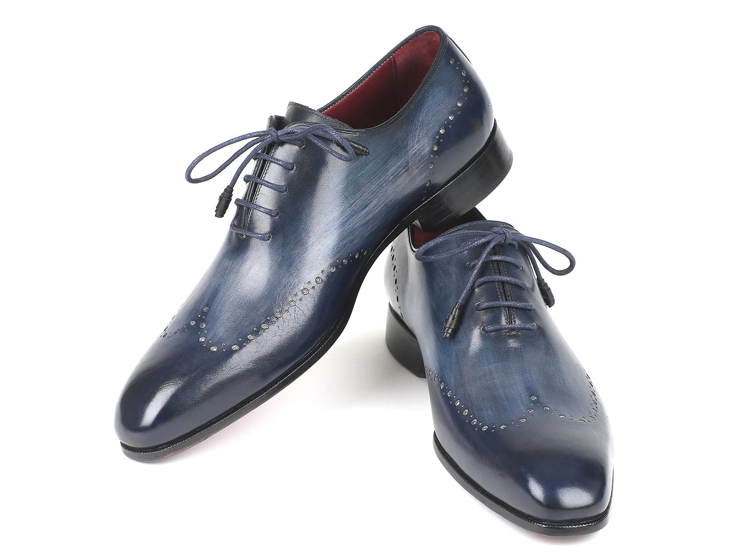Paul Parkman Men's Navy Burnished Wingtip Oxfords showcasing unique hand-painted leather and elegant wingtip design.
