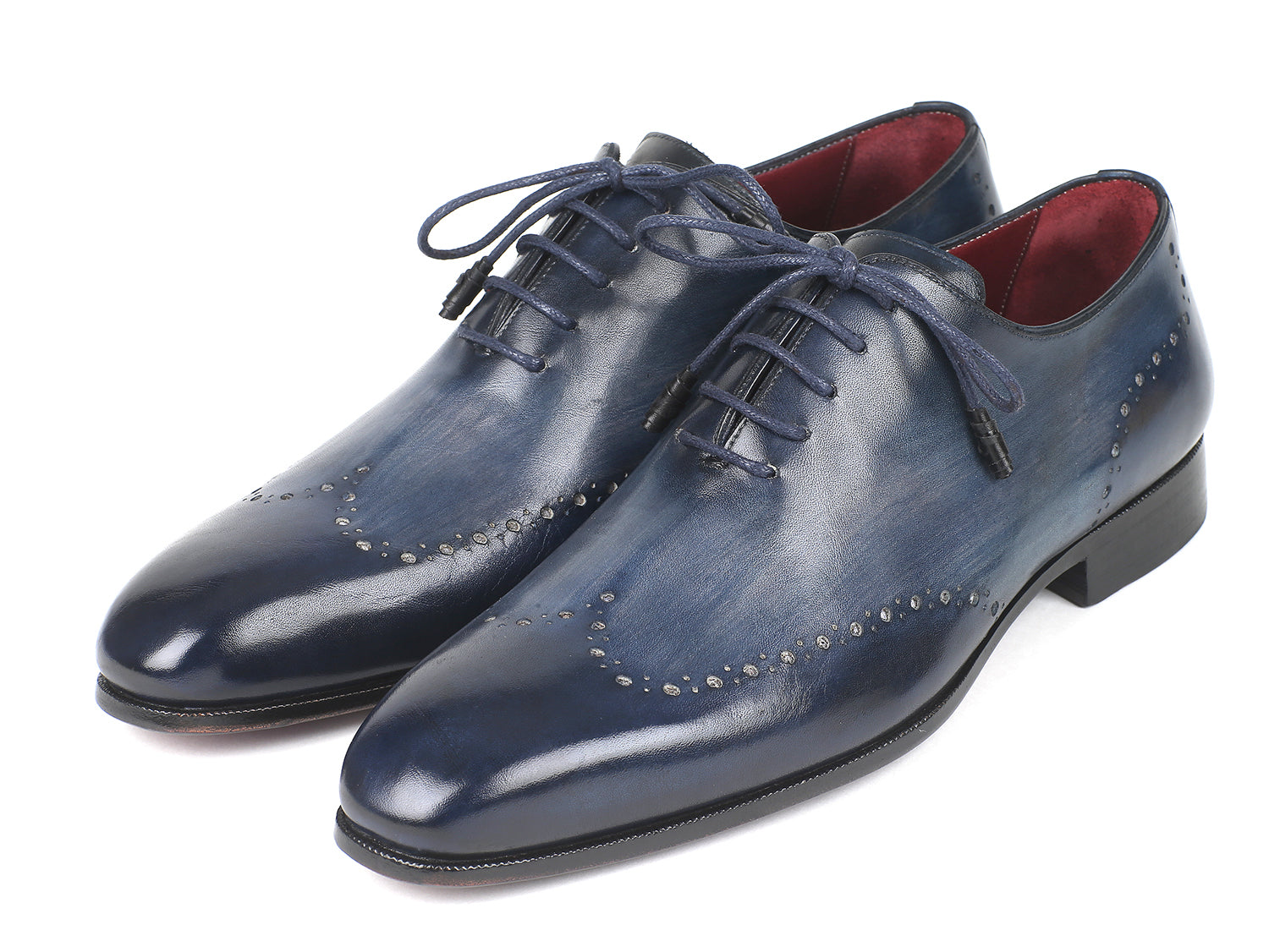 Paul Parkman Men's Navy Burnished Wingtip Oxfords showcasing unique hand-painted leather and elegant wingtip design.