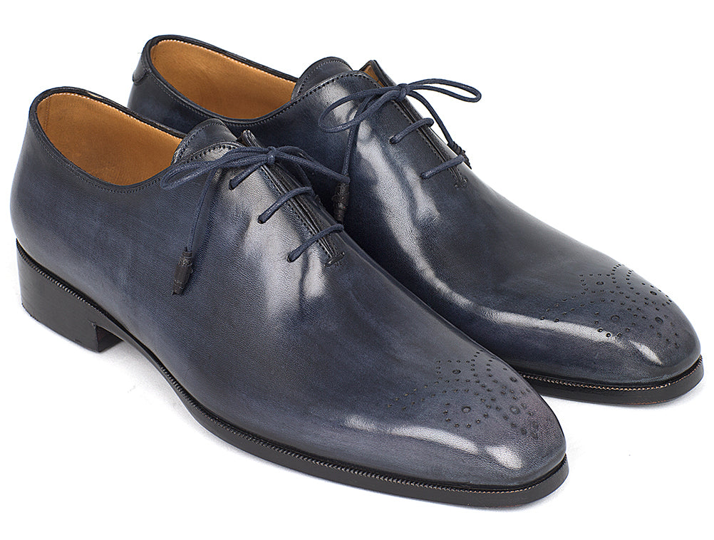 Paul Parkman Men's Navy Wholecut Oxfords showcasing hand-painted calfskin upper and unique purple burnished leather sole.