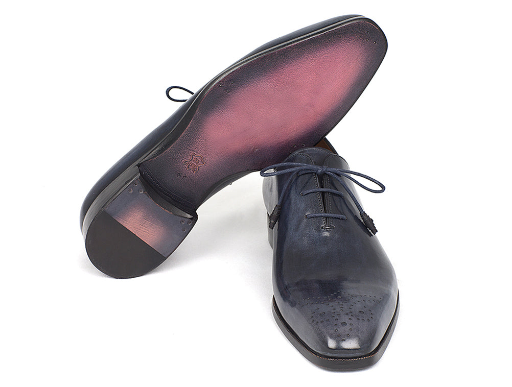 Paul Parkman Men's Navy Wholecut Oxfords showcasing hand-painted calfskin upper and unique purple burnished leather sole.