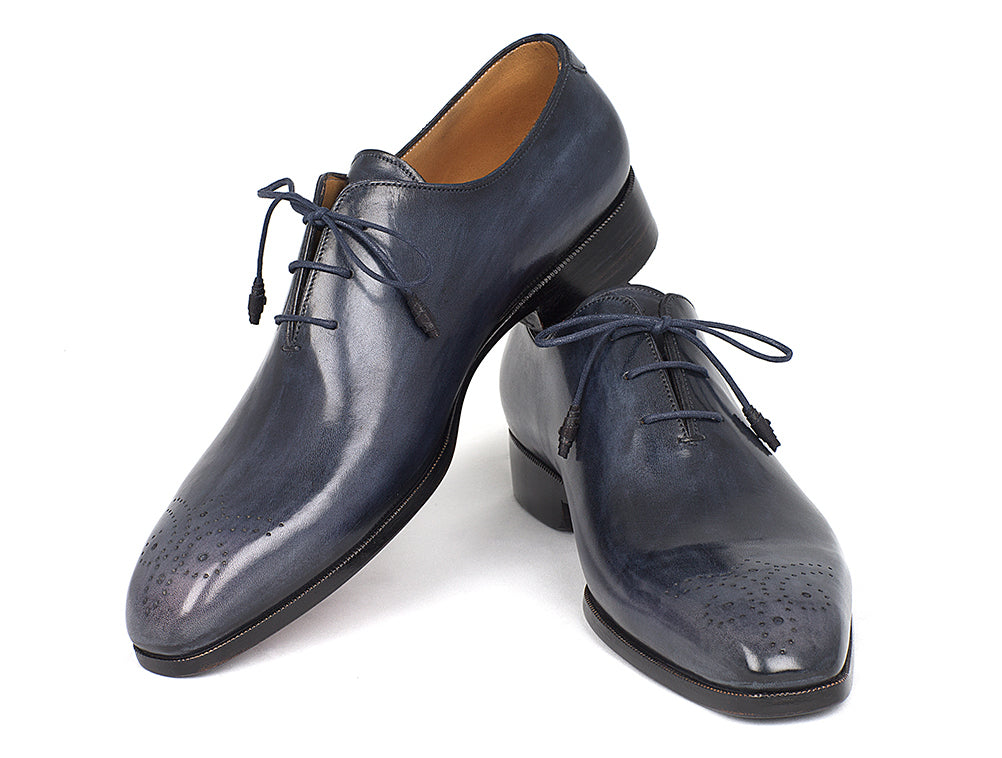 Paul Parkman Men's Navy Wholecut Oxfords showcasing hand-painted calfskin upper and unique purple burnished leather sole.