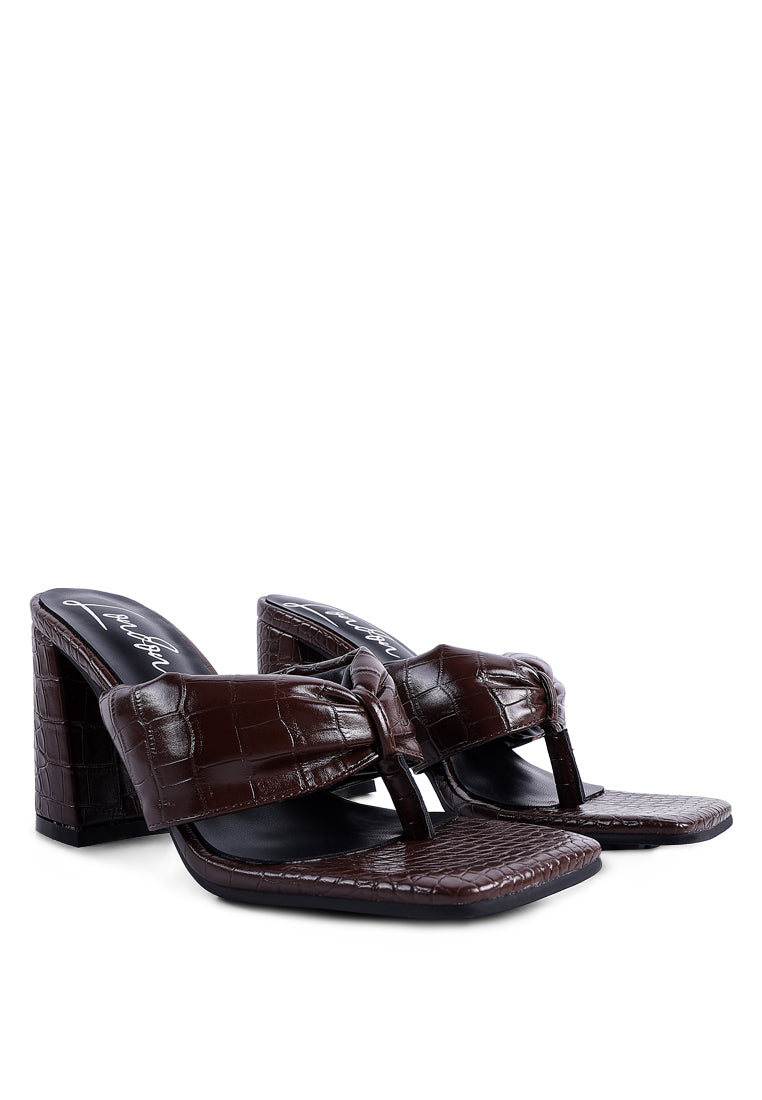 Phantom Ruched High Heeled Thong Sandals in warm cocoa tones with broad ruched straps and square toe design.