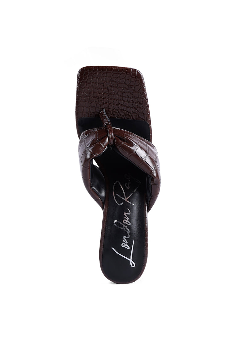 Phantom Ruched High Heeled Thong Sandals in warm cocoa tones with broad ruched straps and square toe design.