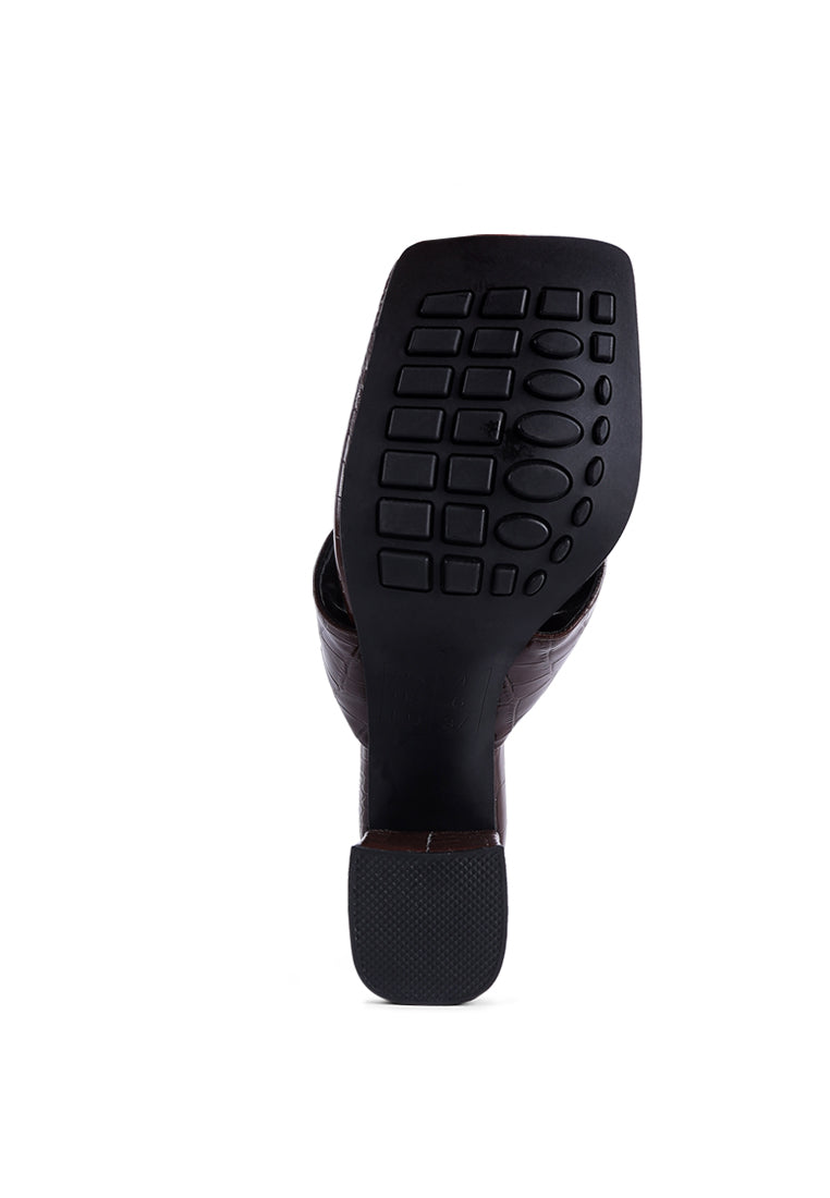 Phantom Ruched High Heeled Thong Sandals in warm cocoa tones with broad ruched straps and square toe design.