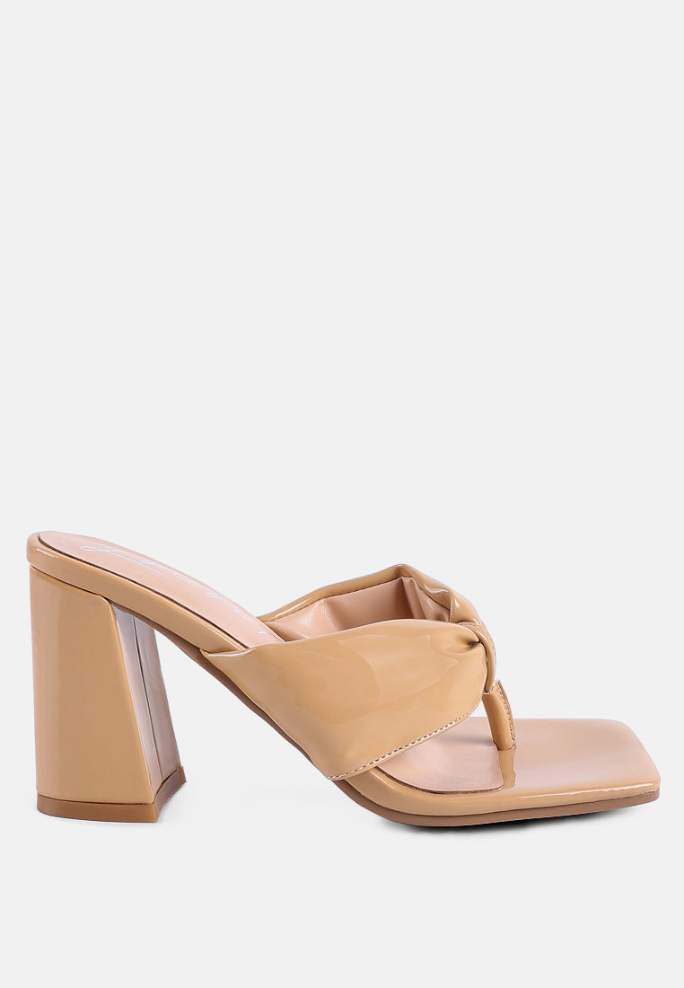Phantom Ruched High Heeled Thong Sandals in warm cocoa tones with broad ruched straps and square toe design.