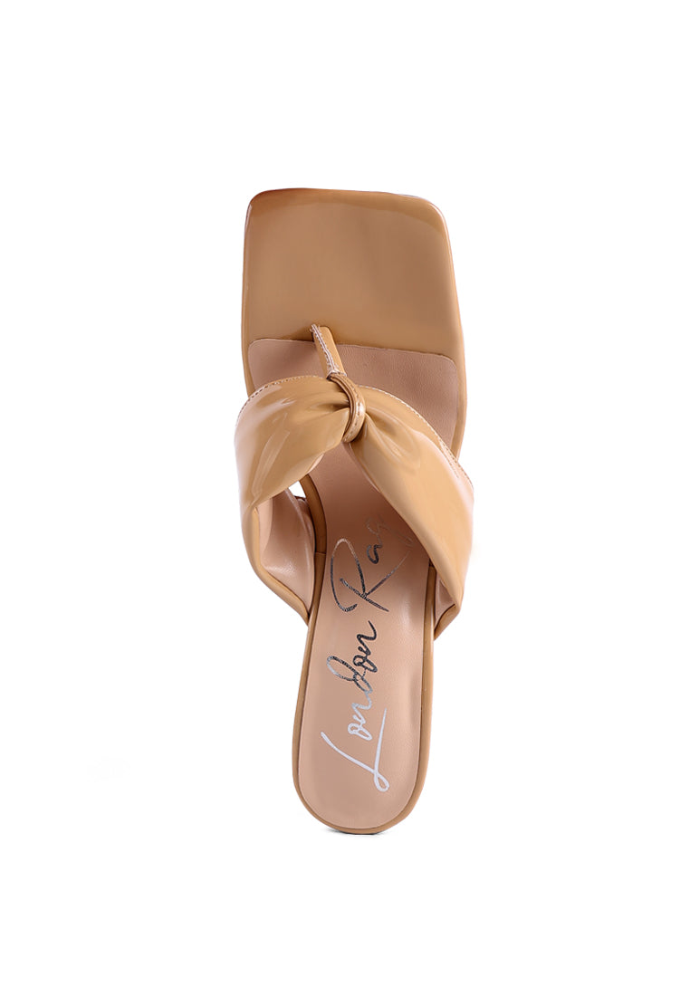 Phantom Ruched High Heeled Thong Sandals in warm cocoa tones with broad ruched straps and square toe design.