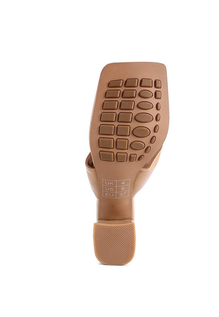 Phantom Ruched High Heeled Thong Sandals in warm cocoa tones with broad ruched straps and square toe design.