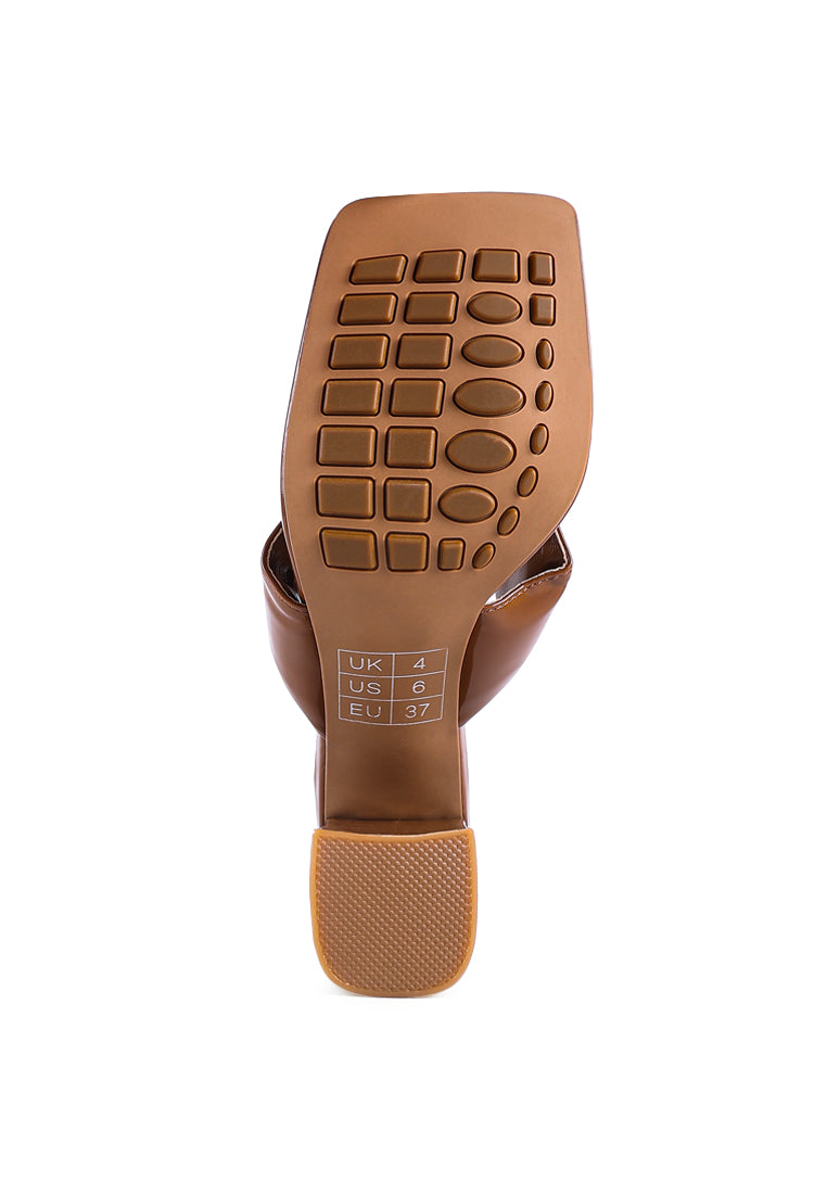 Phantom Ruched High Heeled Thong Sandals in warm cocoa tones with broad ruched straps and square toe design.