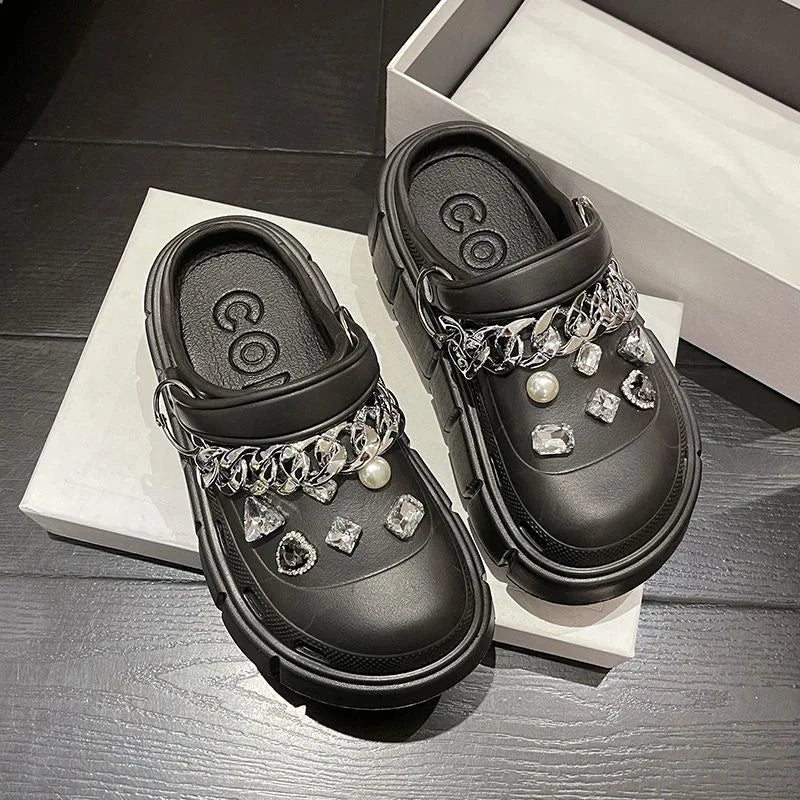 A pair of stylish Sexikinis Platform Slippers in green, black, and white, perfect for summer beach outings.