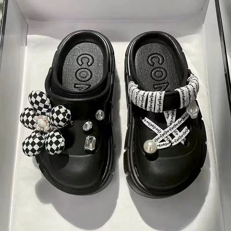 A pair of stylish Sexikinis Platform Slippers in green, black, and white, perfect for summer beach outings.