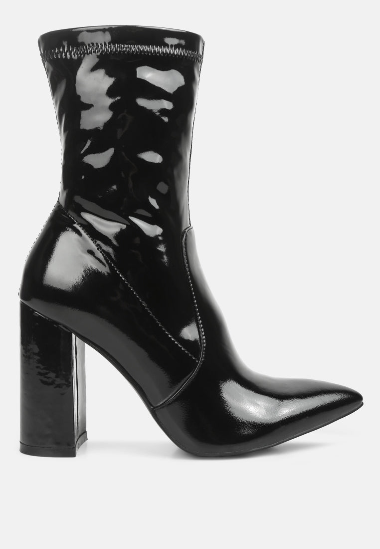 Pluto Block Heel Stiletto Ankle Boot featuring a sleek design with a side zipper and block heel, perfect for stylish women.