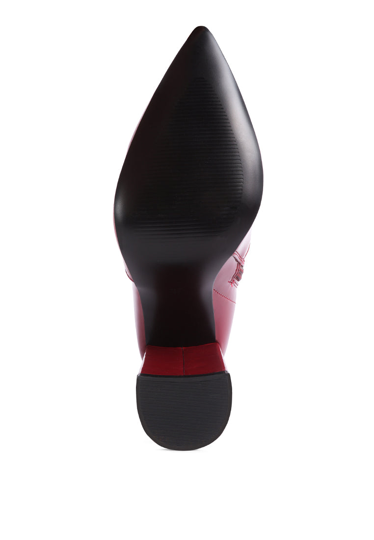 Pluto Block Heel Stiletto Ankle Boot featuring a sleek design with a side zipper and block heel, perfect for stylish women.