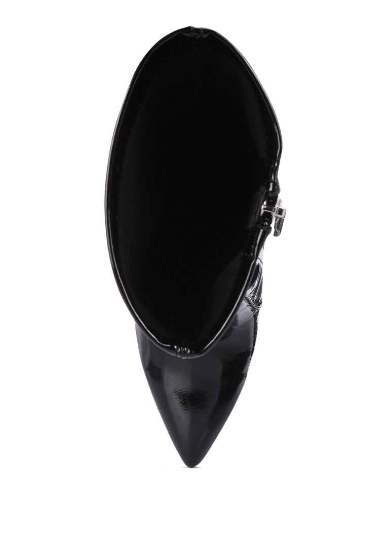 Pluto Block Heel Stiletto Ankle Boot featuring a sleek design with a side zipper and block heel, perfect for stylish women.