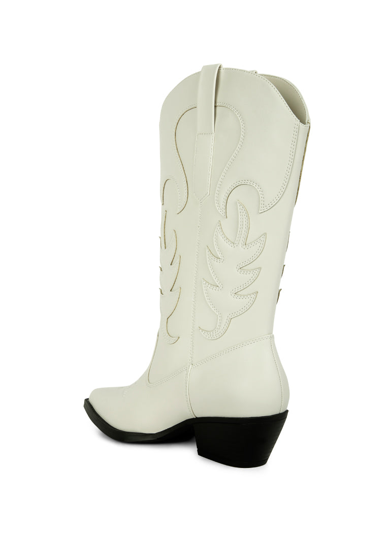 Ponsies Boot featuring intricate embroidery, soft cushion insole, and stylish short block heels in a faux leather design.