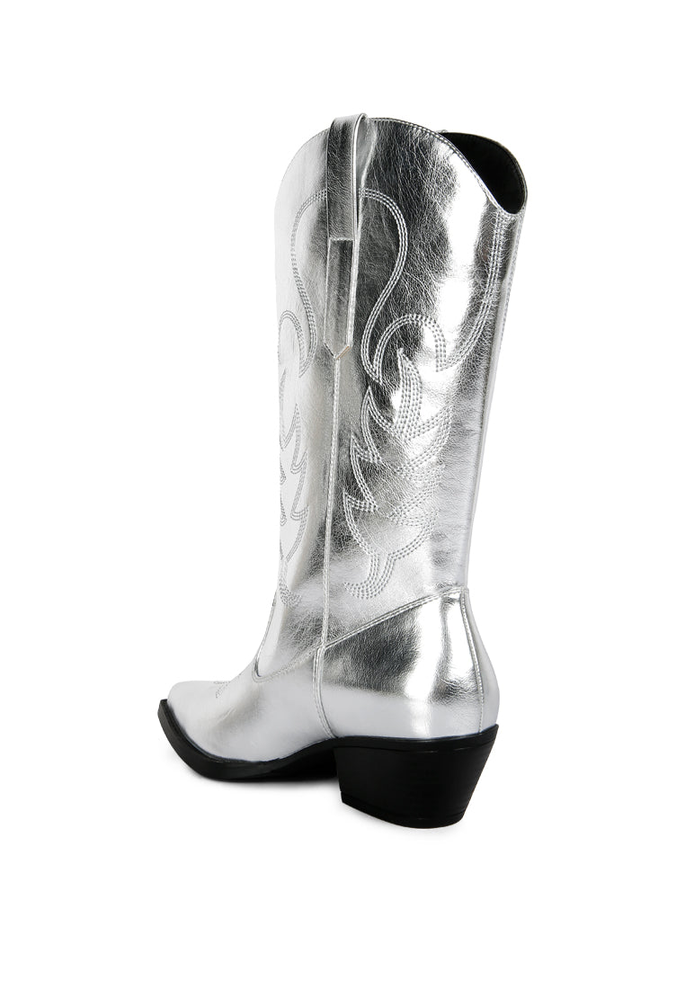 Ponsies Boot featuring intricate embroidery, soft cushion insole, and stylish short block heels in a faux leather design.