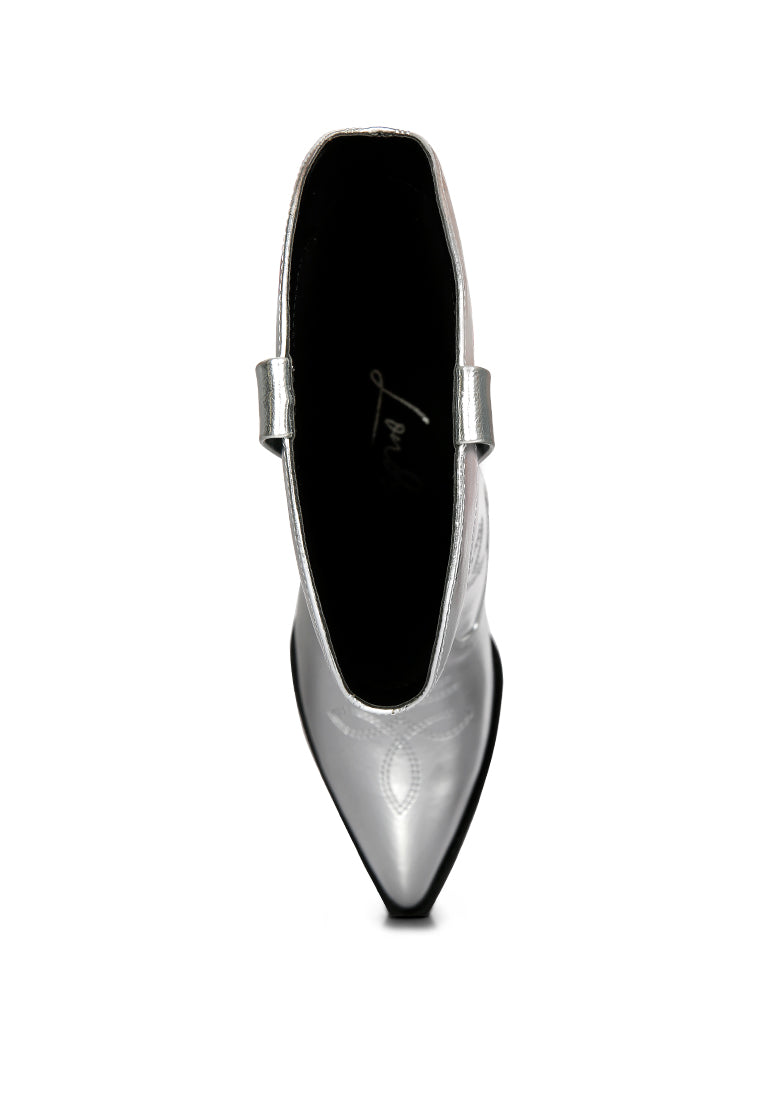 Ponsies Boot featuring intricate embroidery, soft cushion insole, and stylish short block heels in a faux leather design.