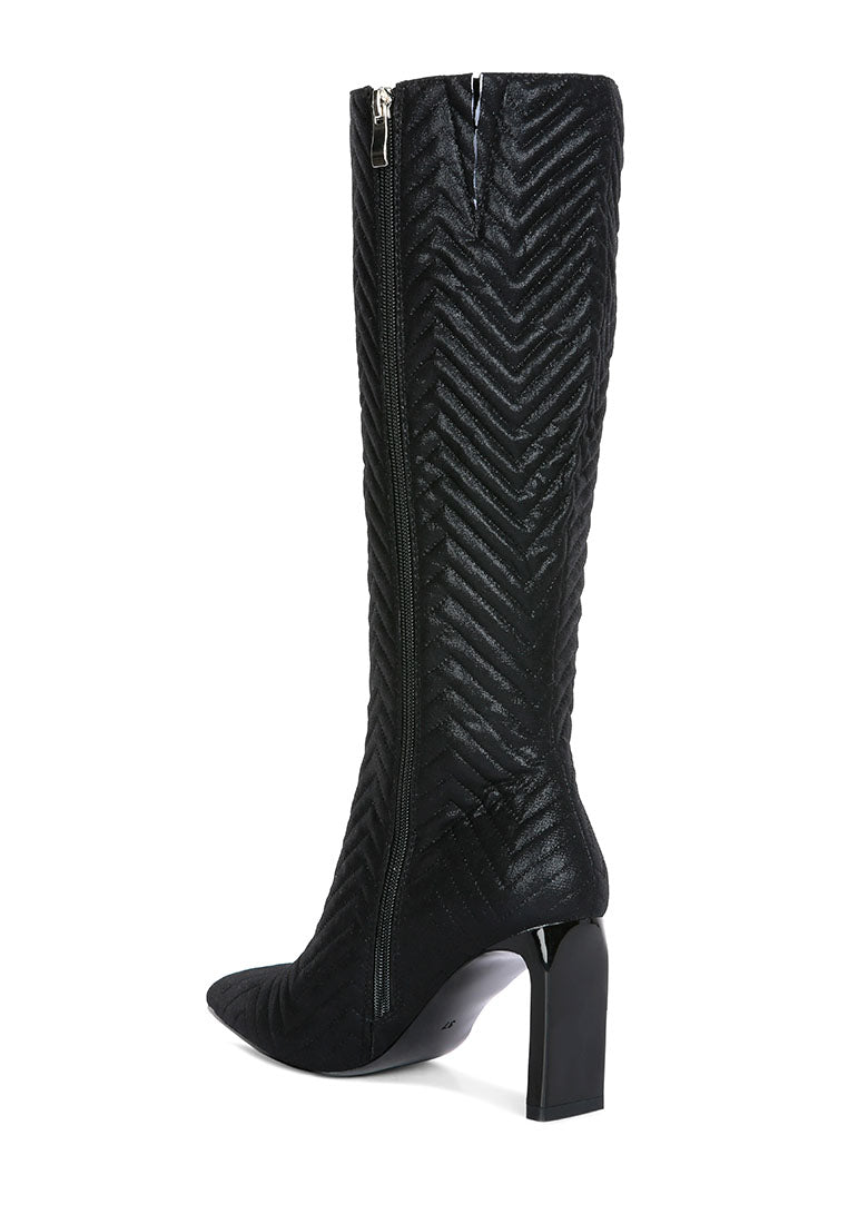 Prinkles Quilted Italian Block Heel Calf Boots featuring chevron quilting and a side zipper, perfect for stylish parties.