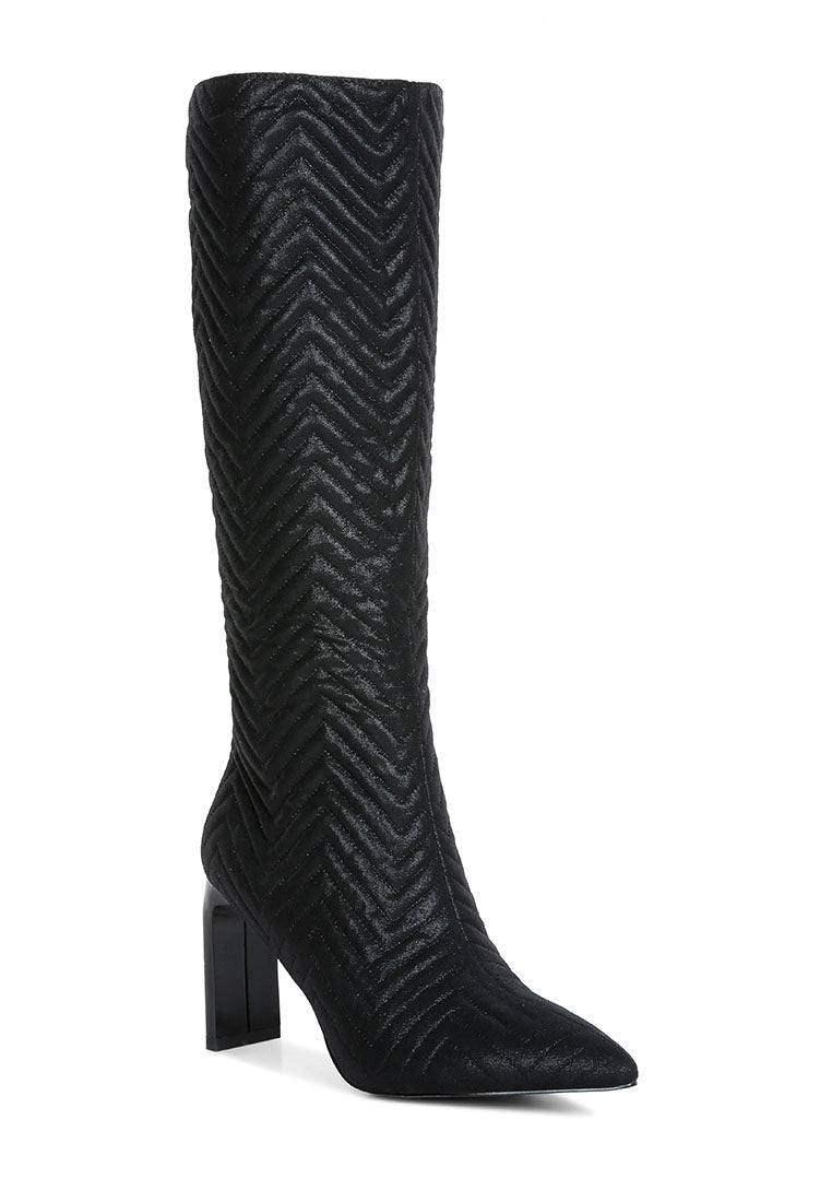 Prinkles Quilted Italian Block Heel Calf Boots featuring chevron quilting and a side zipper, perfect for stylish parties.
