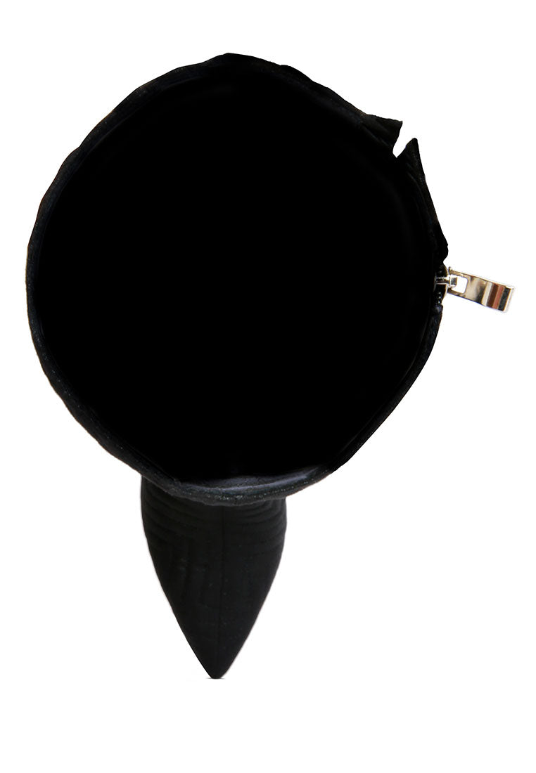 Prinkles Quilted Italian Block Heel Calf Boots featuring chevron quilting and a side zipper, perfect for stylish parties.