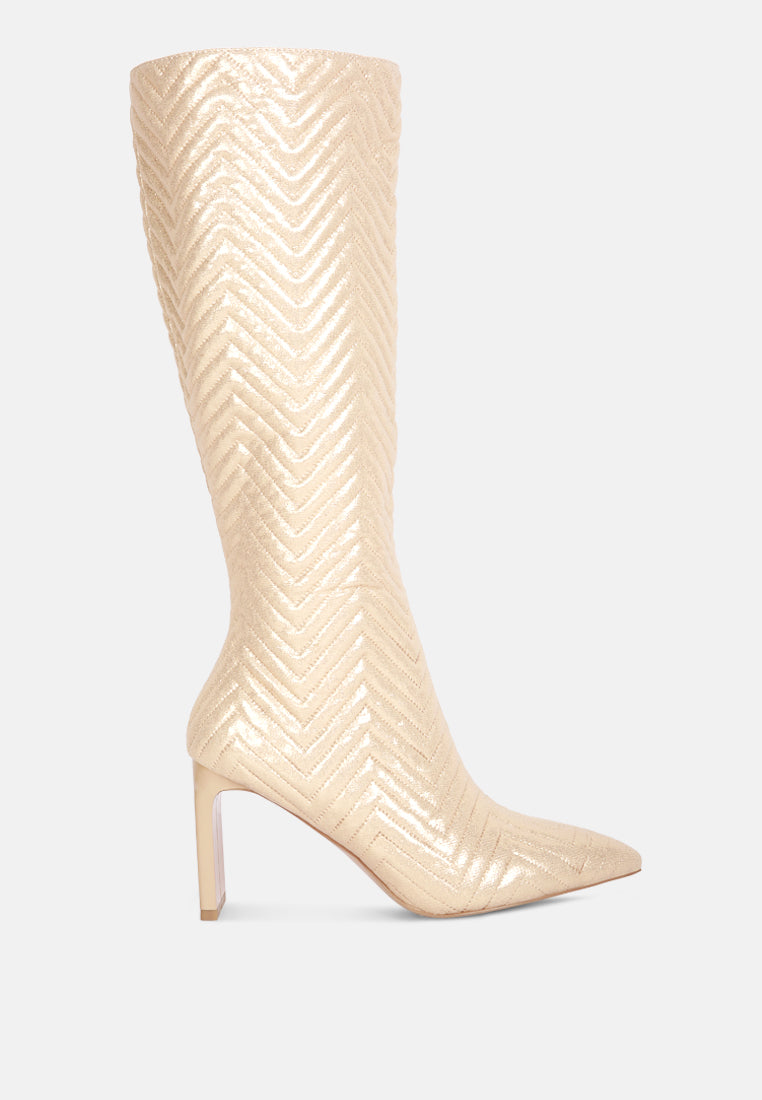 Prinkles Quilted Italian Block Heel Calf Boots featuring chevron quilting and a side zipper, perfect for stylish parties.