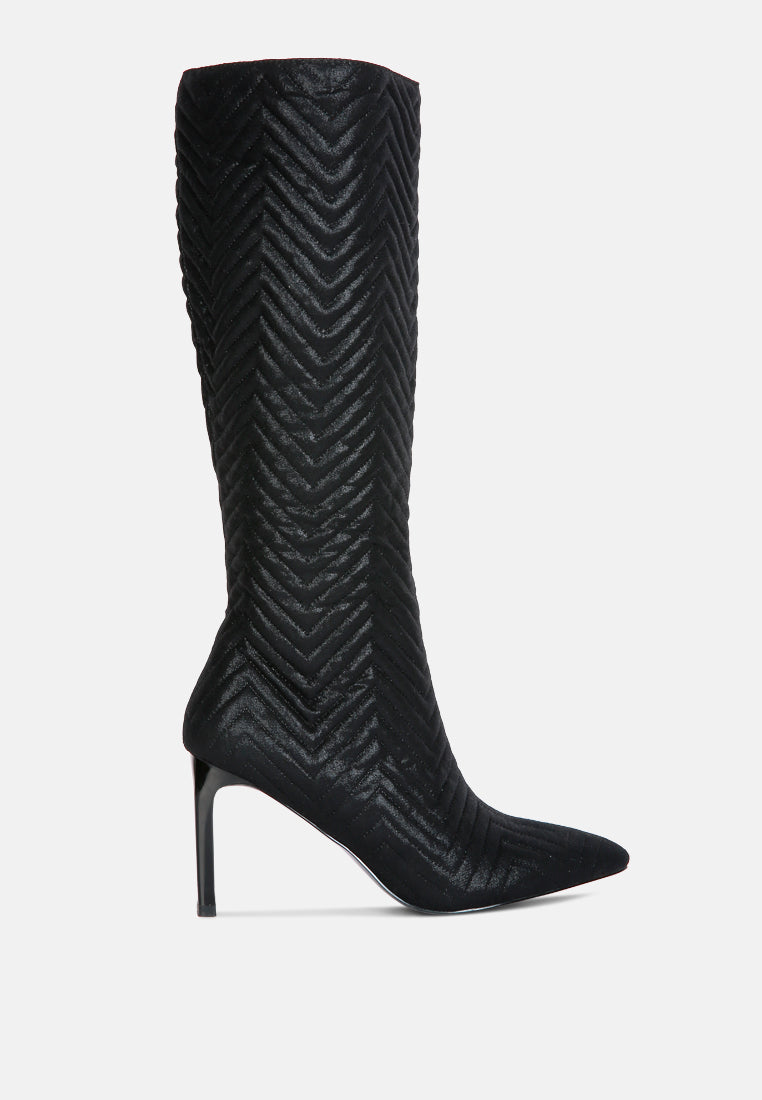Prinkles Quilted Italian Block Heel Calf Boots featuring chevron quilting and a side zipper, perfect for stylish parties.