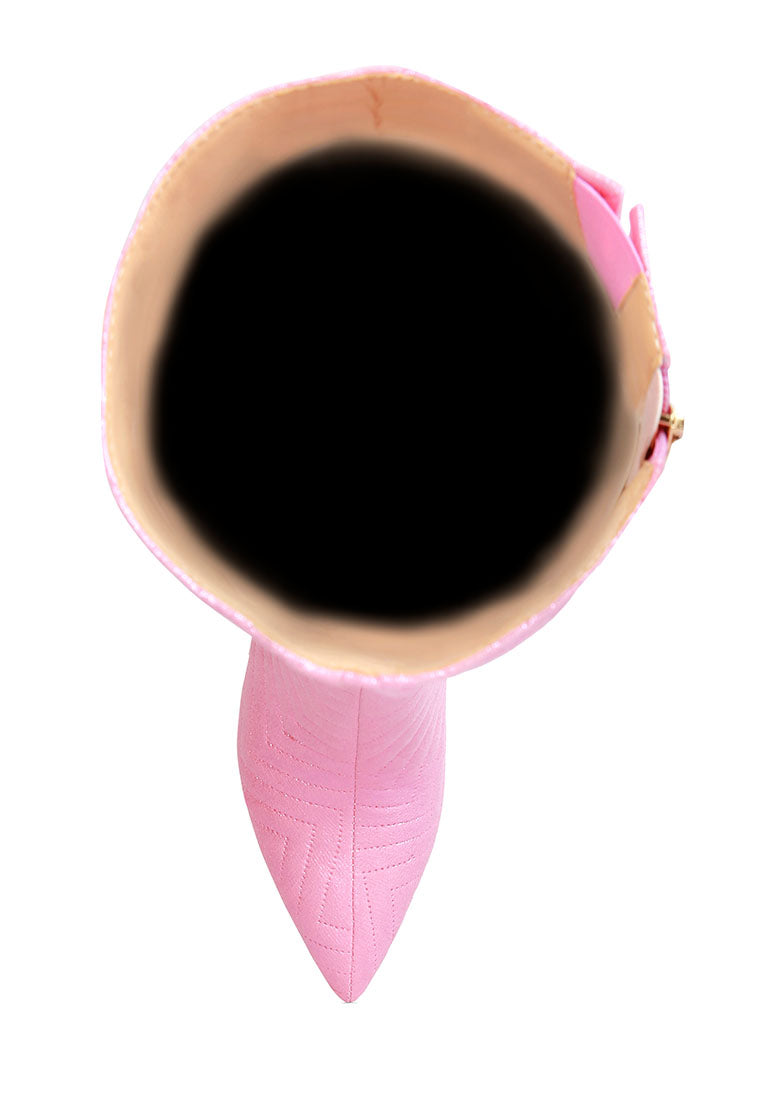 Prinkles Quilted Italian Block Heel Calf Boots featuring chevron quilting and a side zipper, perfect for stylish parties.