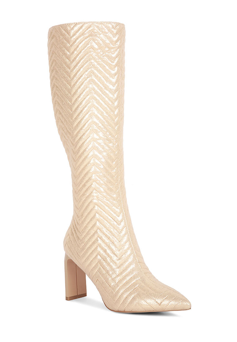 Prinkles Quilted Italian Block Heel Calf Boots featuring chevron quilting and a side zipper, perfect for stylish parties.