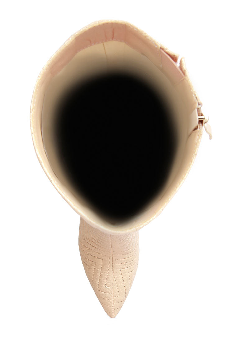 Prinkles Quilted Italian Block Heel Calf Boots featuring chevron quilting and a side zipper, perfect for stylish parties.