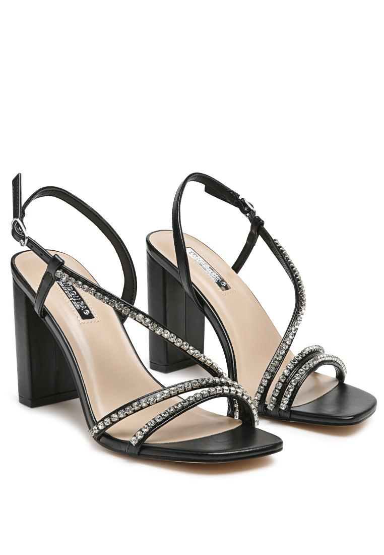 Raisins Pie Diamante Embellished Block Heel Sandals featuring sparkling diamante details, faux leather upper, and a comfortable block heel design.