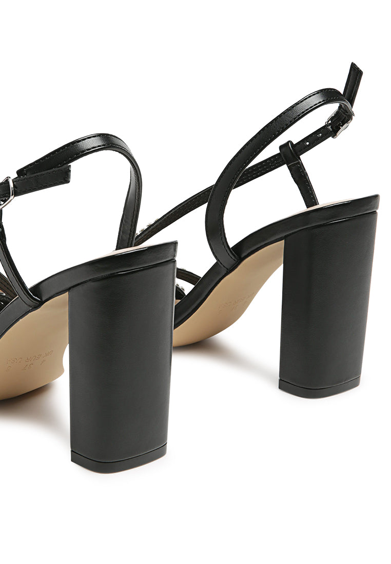 Raisins Pie Diamante Embellished Block Heel Sandals featuring sparkling diamante details, faux leather upper, and a comfortable block heel design.