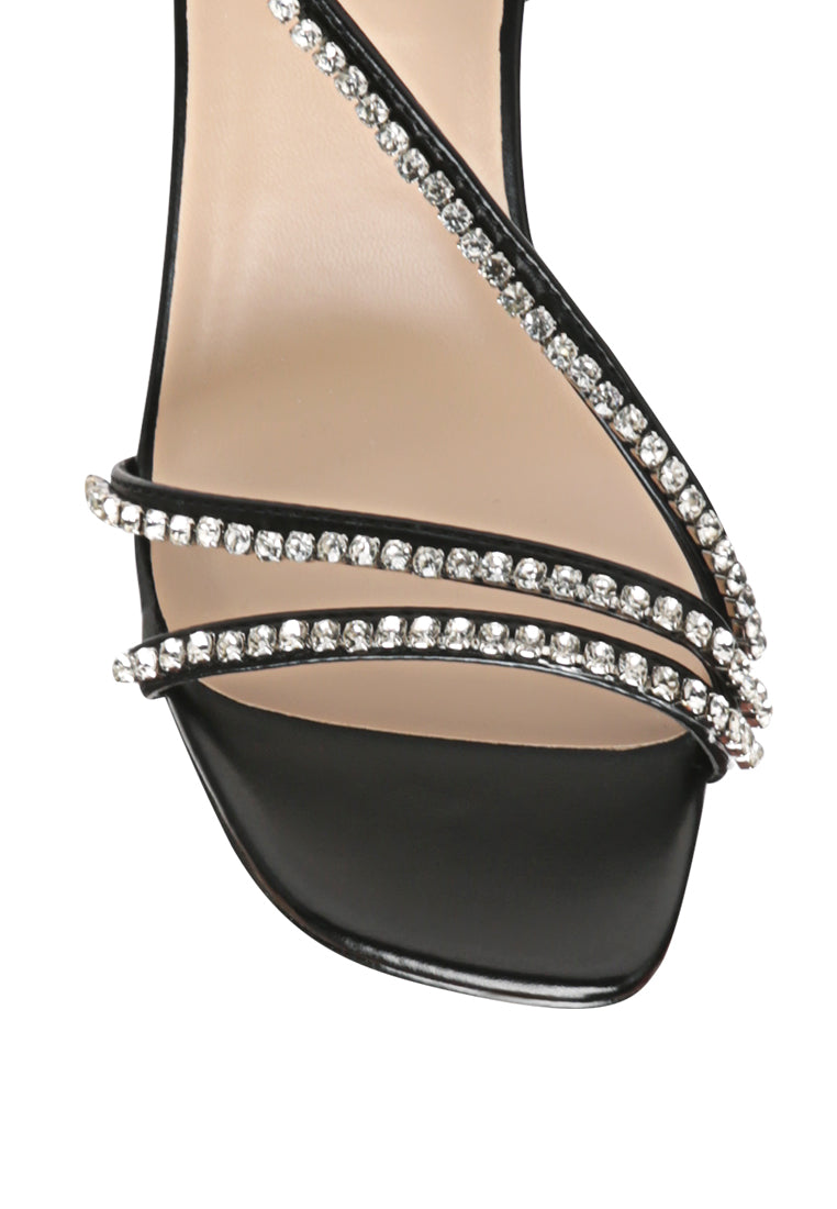 Raisins Pie Diamante Embellished Block Heel Sandals featuring sparkling diamante details, faux leather upper, and a comfortable block heel design.